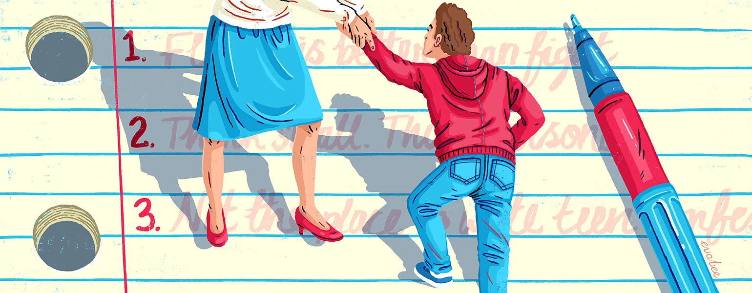 illustration of mother helping son climb up application paper