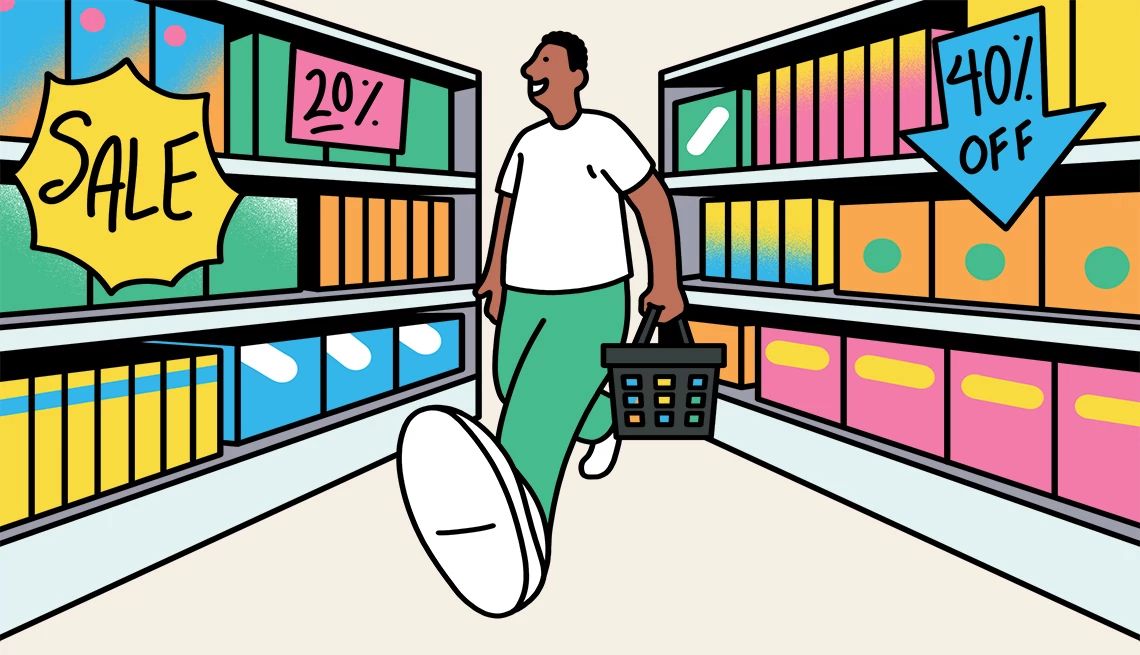 ways to save at the supermarket a man walks down the aisles in a grocery store