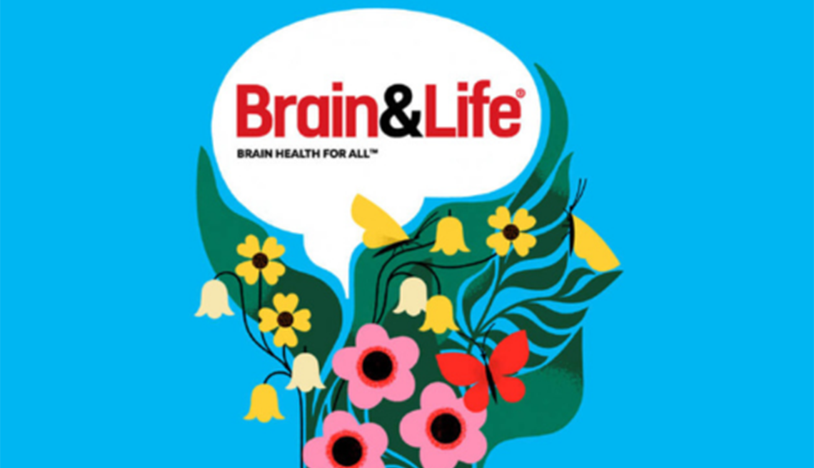 A colorful illustration of the silhouette of a person's head with the text "Brain&Life" and "Brain Health for All" in the brain
