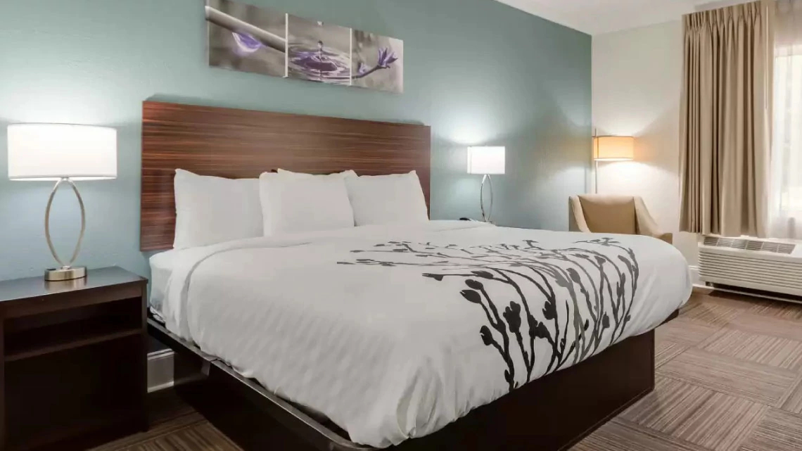 Sleep Inn® hotel room with bed, nightstand, lamp, light green-blue wall, beige chair, windo