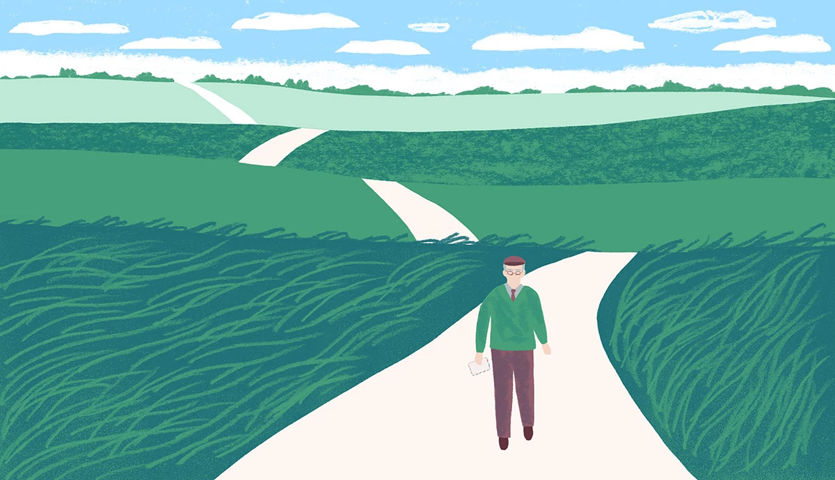 an illustration of an older person walking down a long winding road in a hilly landscape