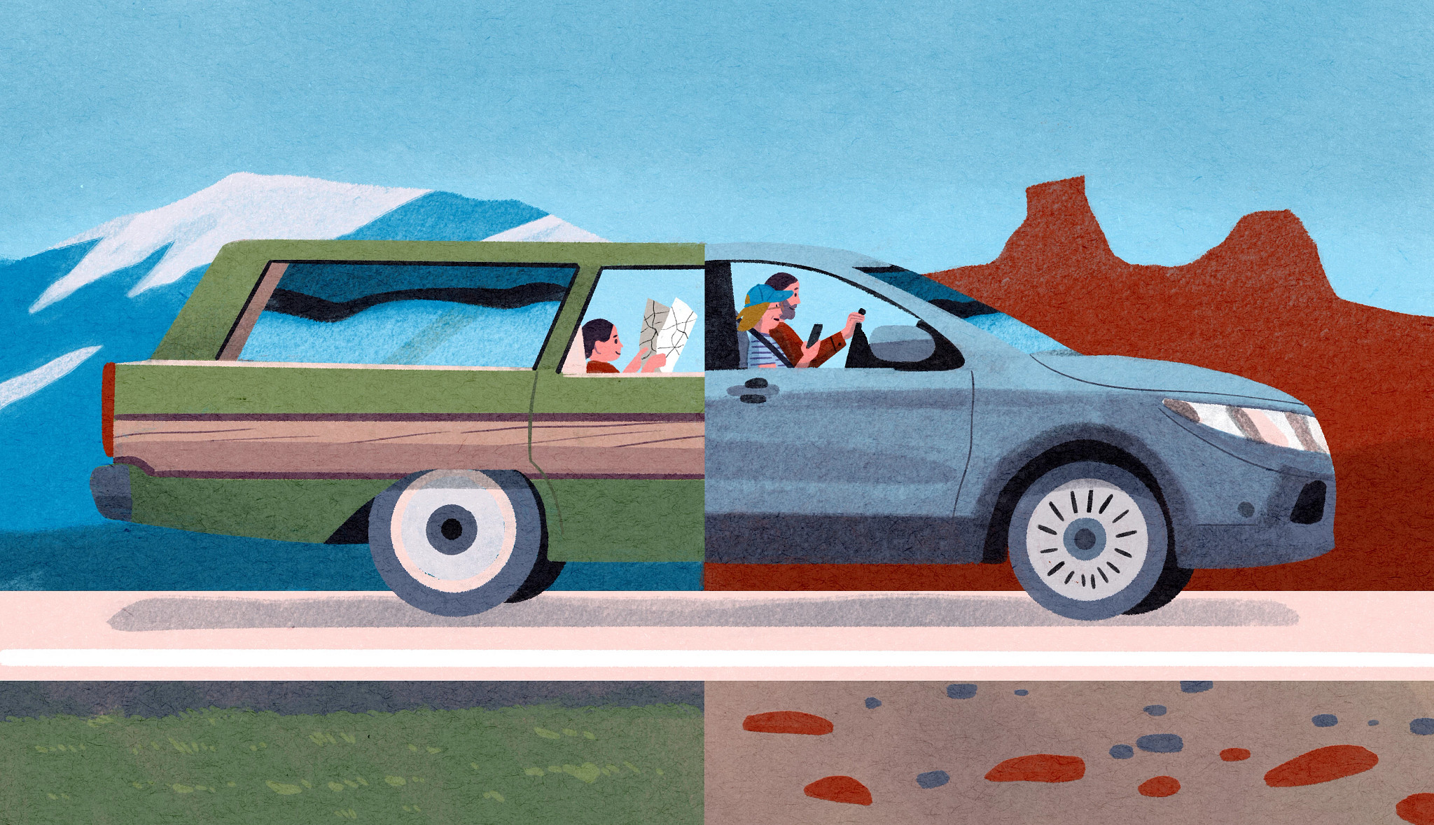 an illustration of a car transforming into a newer model