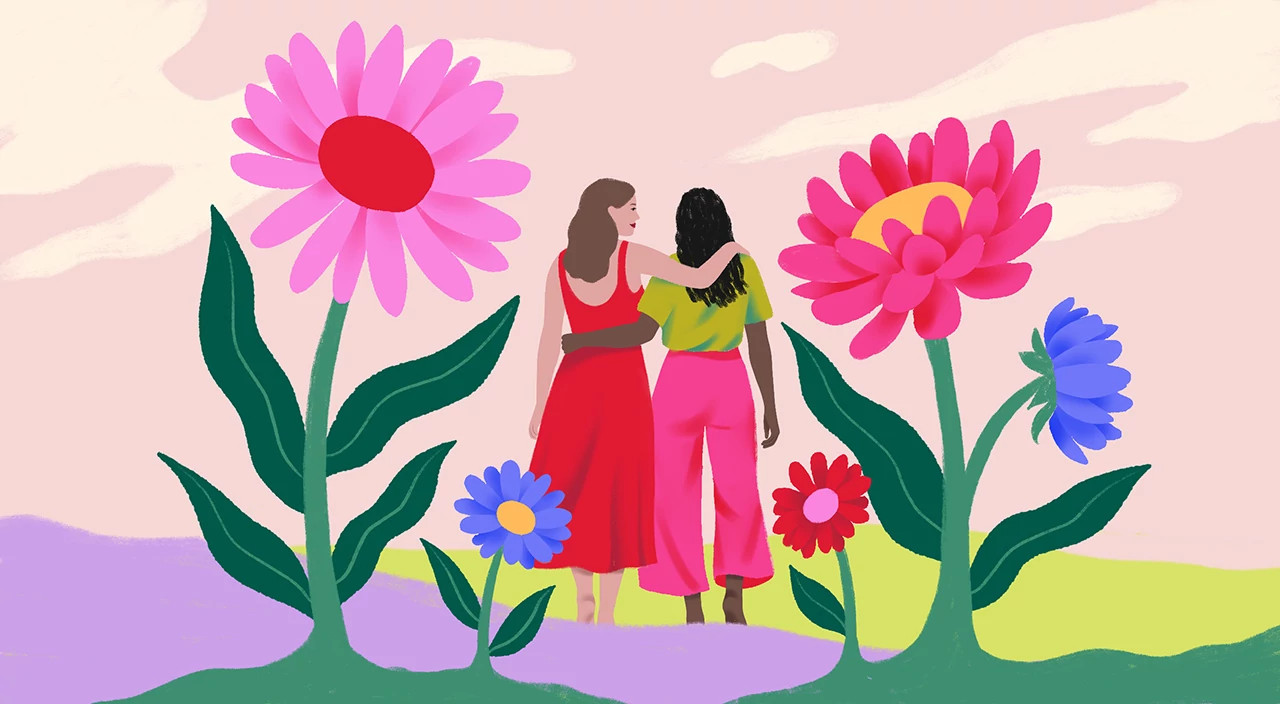 illustration of 2 friends surrounded by flowers