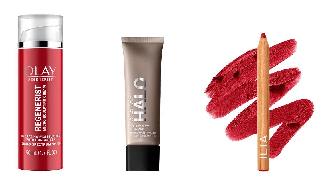 Olay Regenerist Micro-Sculpting Cream Hydrating Moisturizer with SPF30; Smashbox Halo Healthy Glow All-in-One Tinted Moisturizer SPF 25; Ilia Lip Sketch Hydrating Lipstick + Lip Liner Crayon