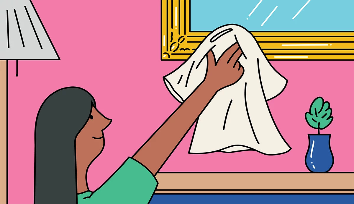 an illustration shows a woman using a shirt as a cleaning rag