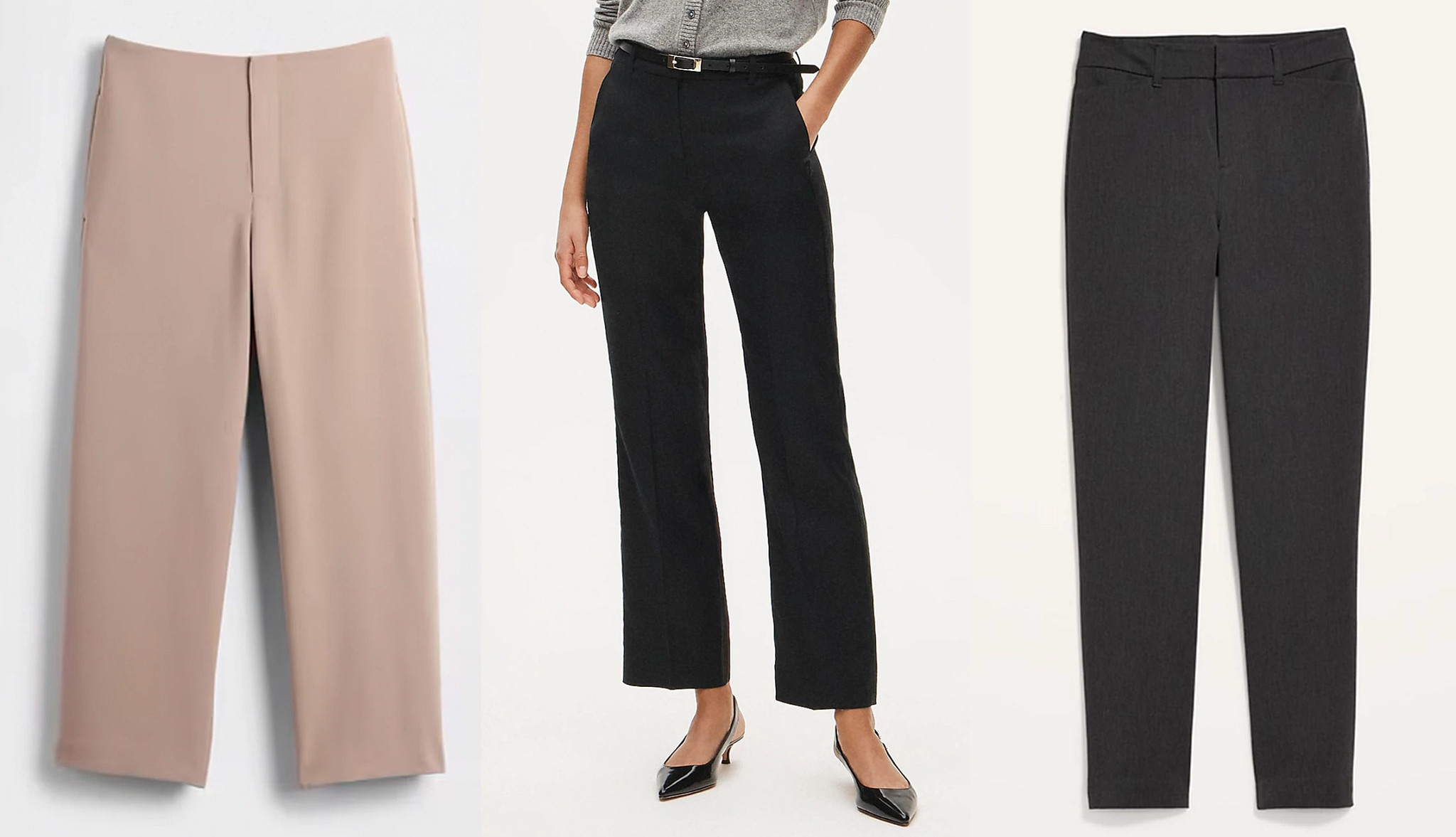 two different styles of ankle length trousers and a model wearing an outfit with ankle length trousers