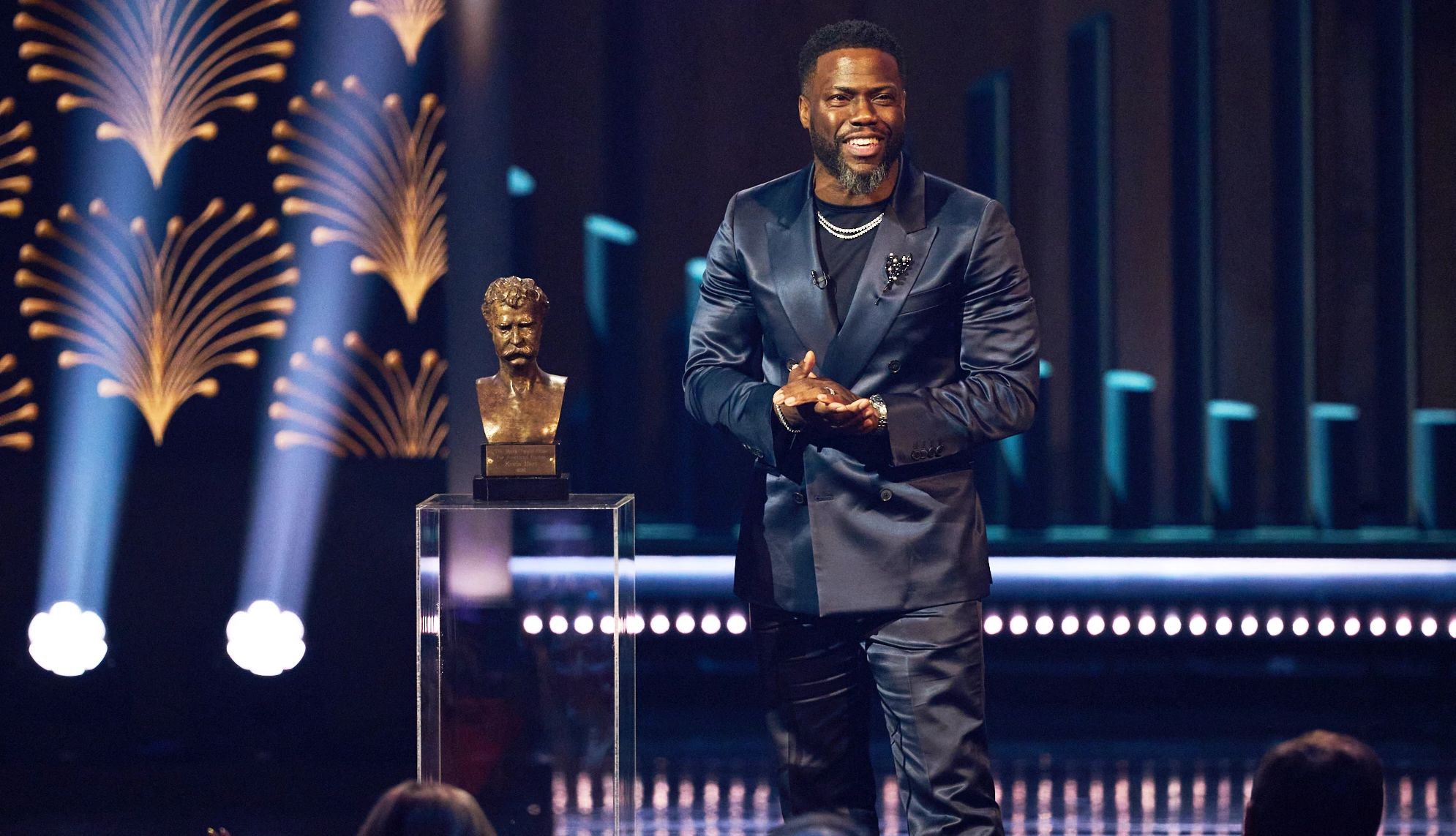 Kevin Hart talking onstage as he's honored with the Mark Twain Prize for American Humor at the Kennedy Center in Washington D C