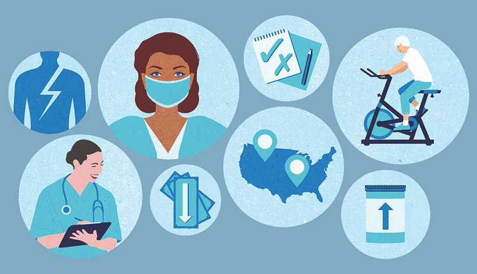 Illustration of doctors, a prescription bottle, exercise bike and health care symbols representing reasons to change Medicare coverage.
