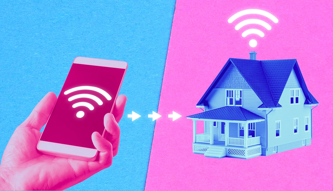 Ilustración de una persona que se conecta al wifi de un hogar