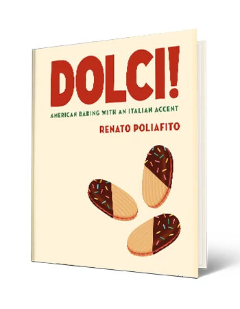 Cookbook that says Dolci! American Baking With an Italian Accent, Renato Poliafito; three cookies with half dipped in chocolate on cover