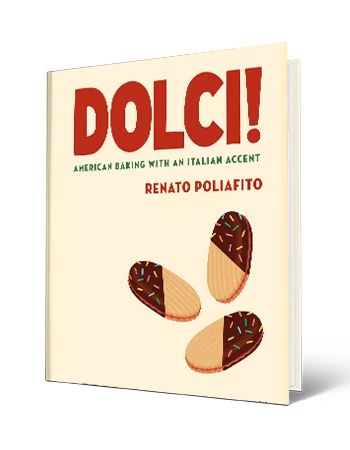 Cookbook 'Dolci! American Baking With an Italian Accent' Cookbook that says Dolci! American Baking With an Italian Accent, Renato Poliafito; three cookies with half dipped in chocolate on cover