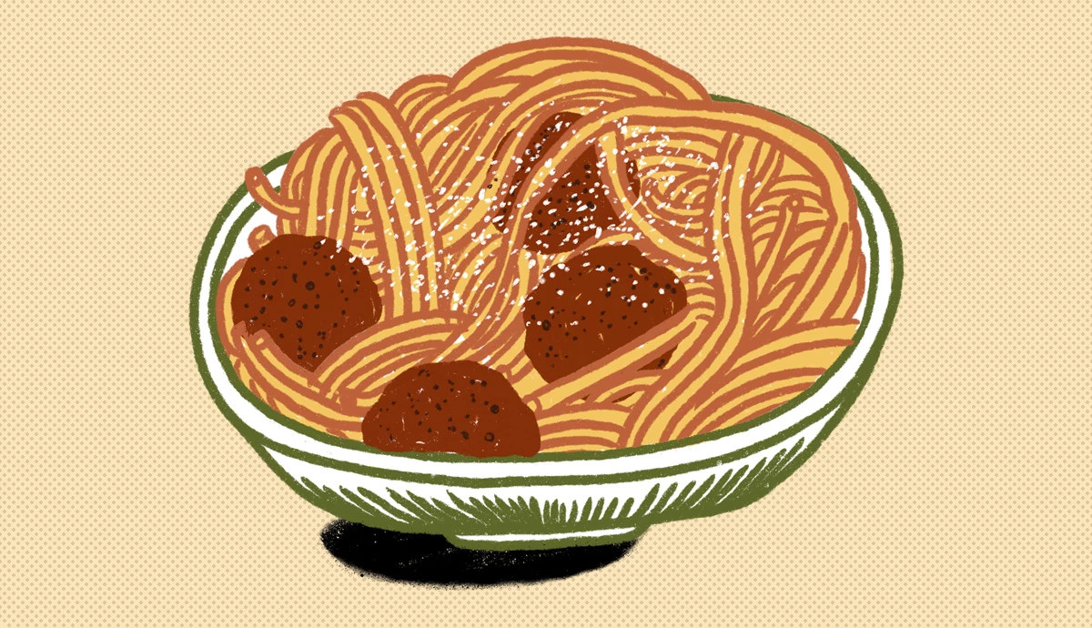 An illustration of a classic pasta dish featuring a bowl of spaghetti mixed with meatballs and topped with grated cheese.