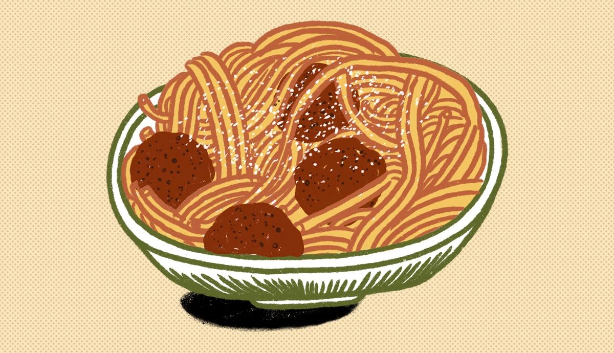 An illustration of a classic pasta dish featuring a bowl of spaghetti mixed with meatballs and topped with grated cheese.