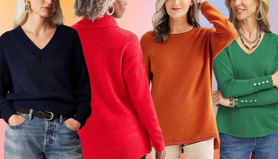Best Sweaters for Women Over 50 Models wearing various sweaters