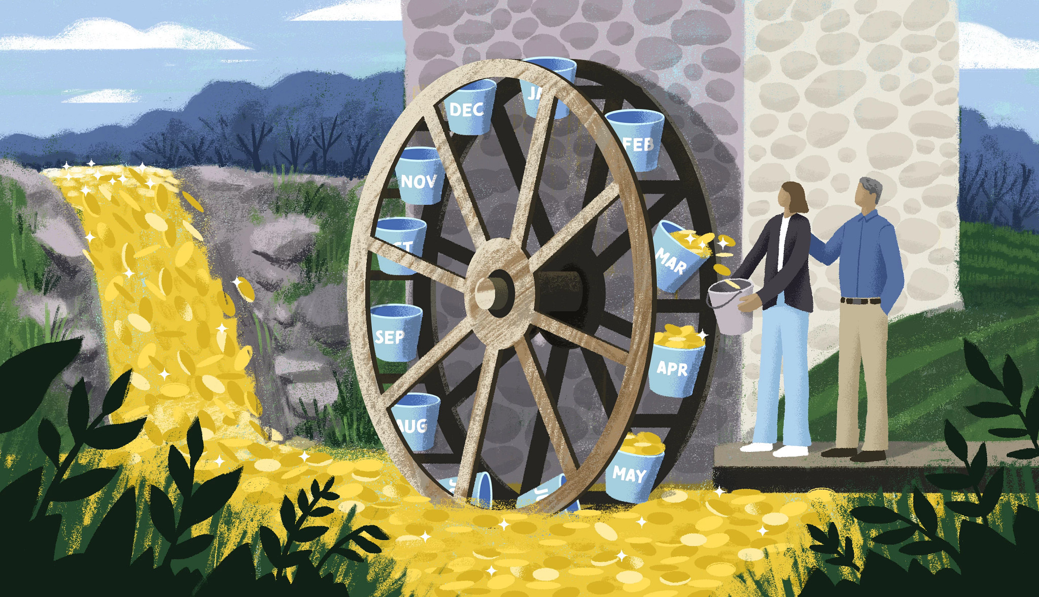 a couple holds out a bucket to collect gold coins as they fall out of buckets on a water wheel