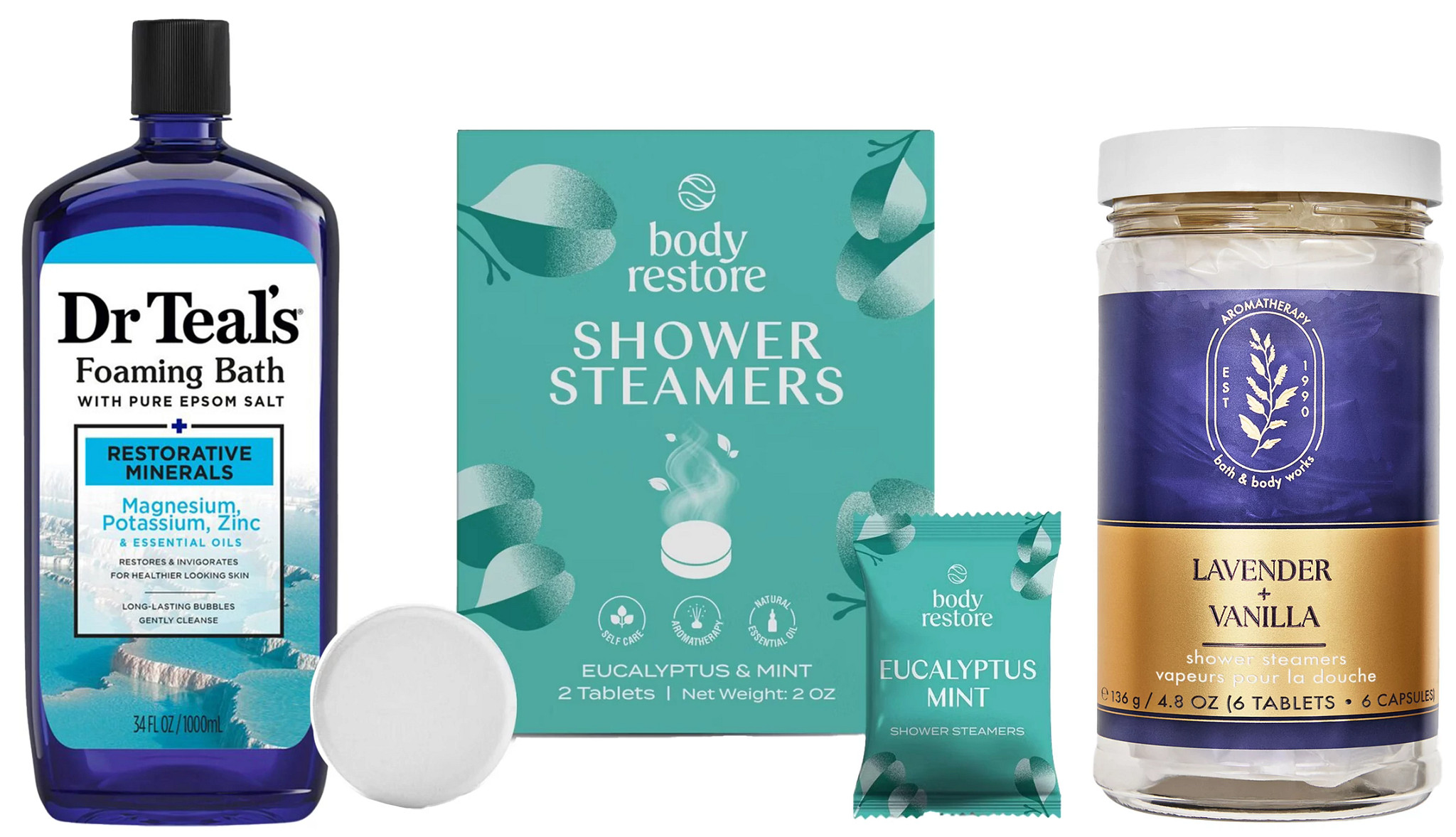 a collage with three different types of shower and bath additives