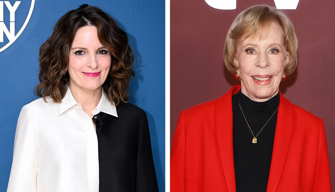 Tina Fey and Carol Burnett each smiling for a portrait