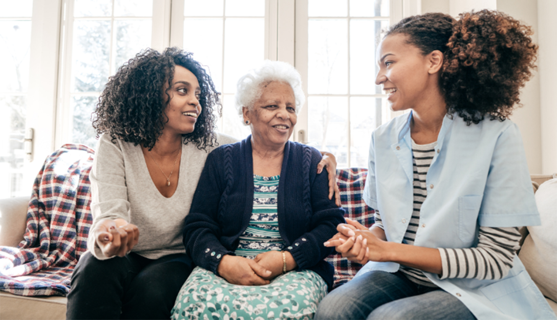 Home-based dementia care trials begin June 1, 2025, through the EMBRACE AD/ADRD Roybal Center Three women sitting on a couch and talking to each other
