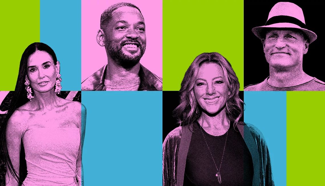 Demi Moore, Will Smith, Sarah McLachlan and Woody Harrelson Demi Moore, Will Smith, Sarah McLachlan and Woody Harrelson on a purple, blue and green background