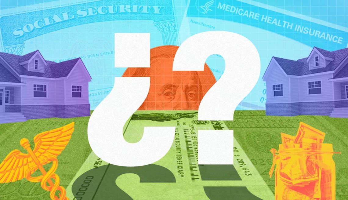 Preguntas de los latinos sobre jubilación una tarjeta del seguro social, una de medicare y dinero en efectivo con signos de interrogacion