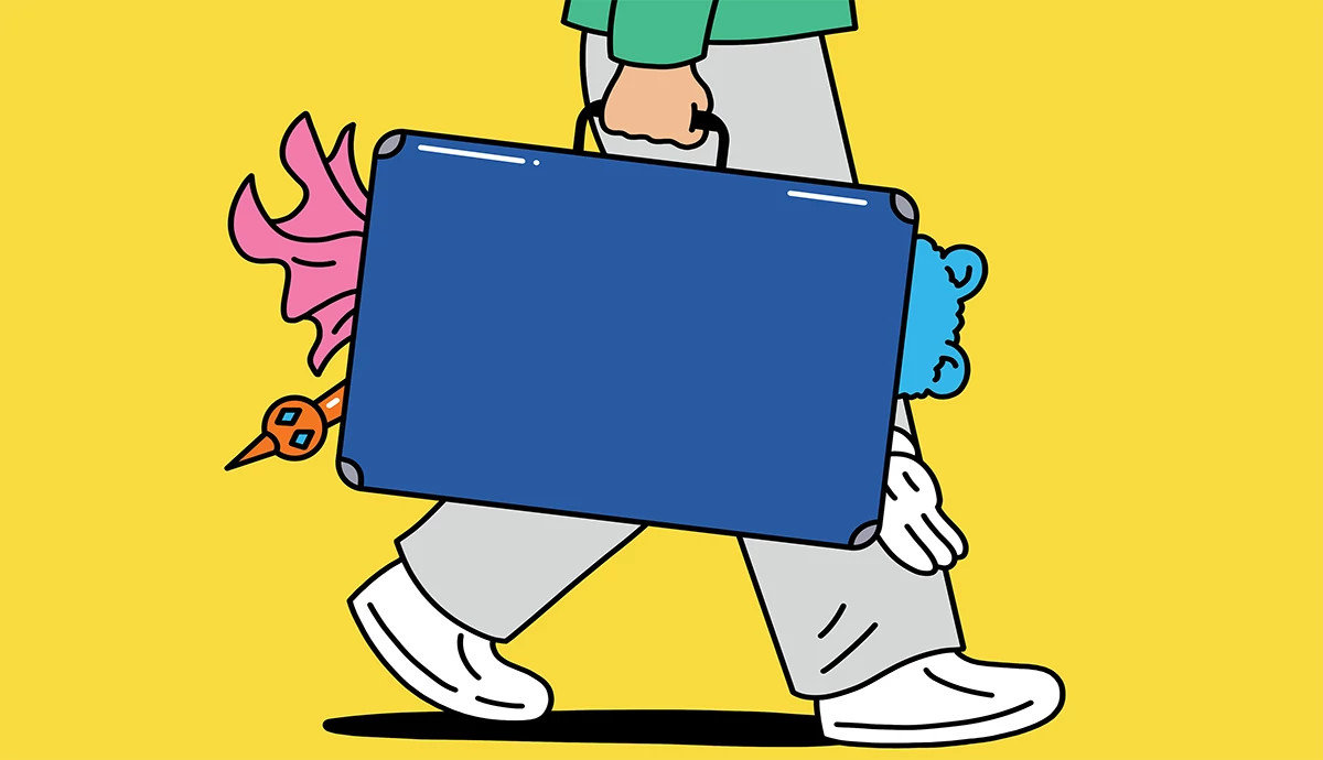 an illustration of a person carrying an overflowing suitcase