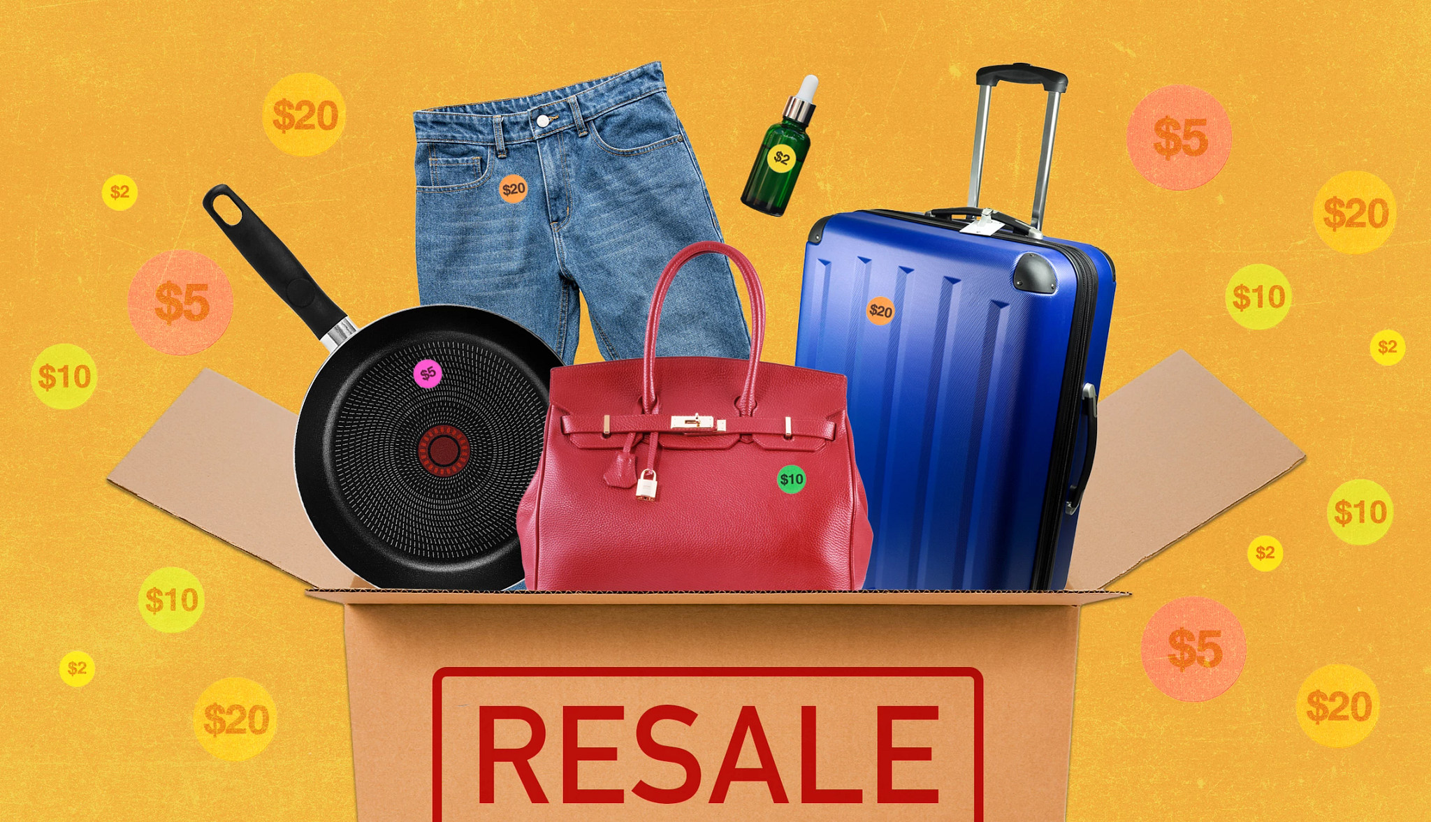 Photo collage of open resale box filled with a suitcase, handbag, jeans, frying pan, and other items, surrounded by price tags stickers
