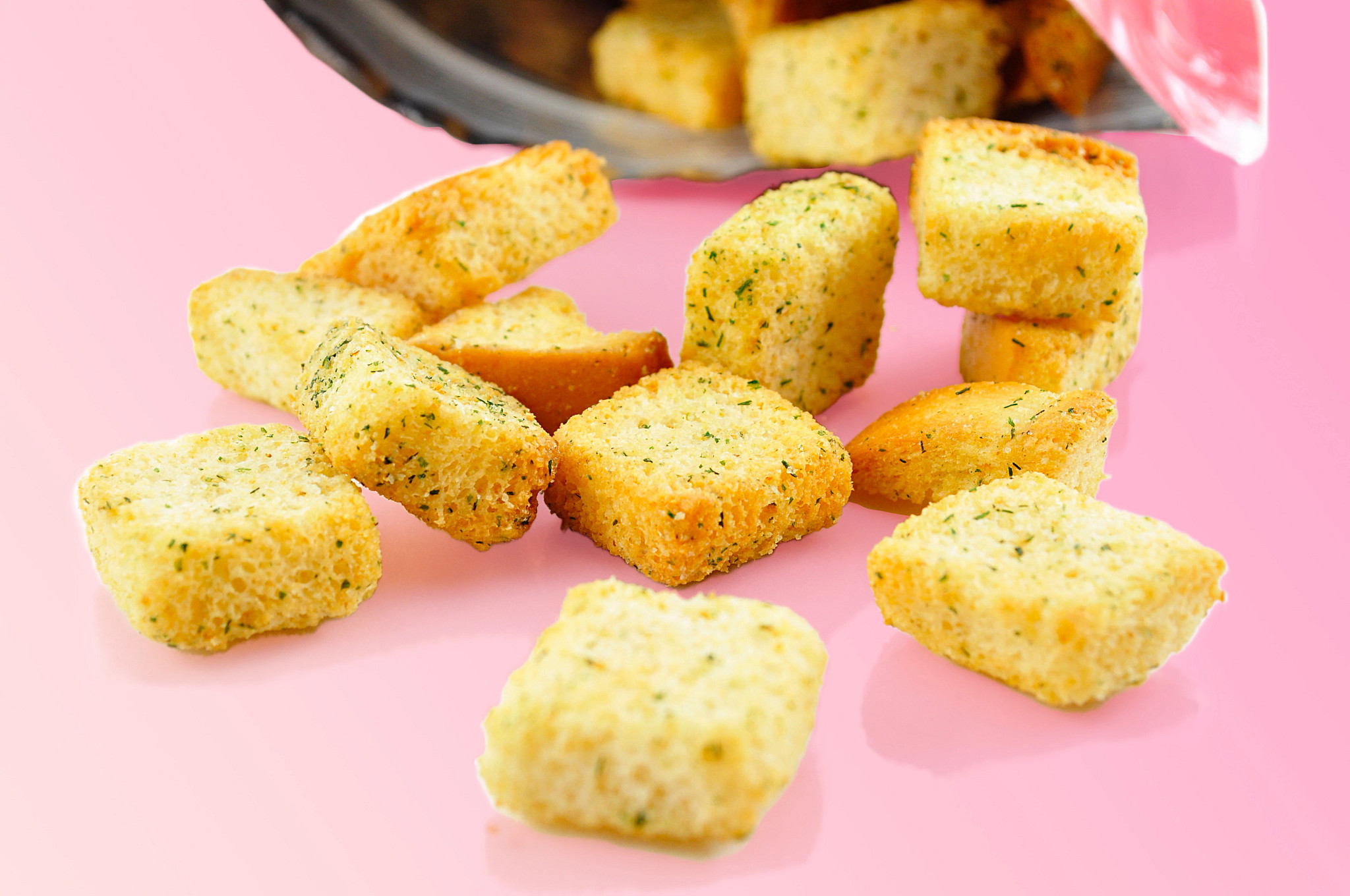 croutons with bag, close up