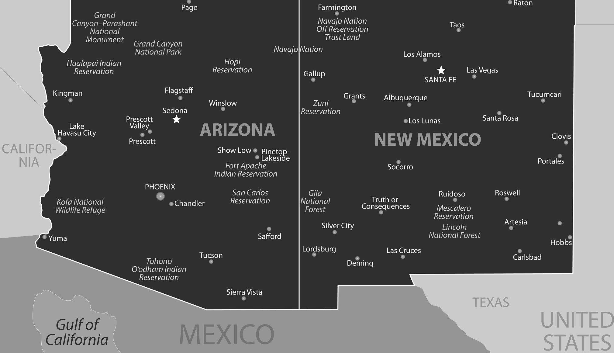 A map of Arizona and New Mexico