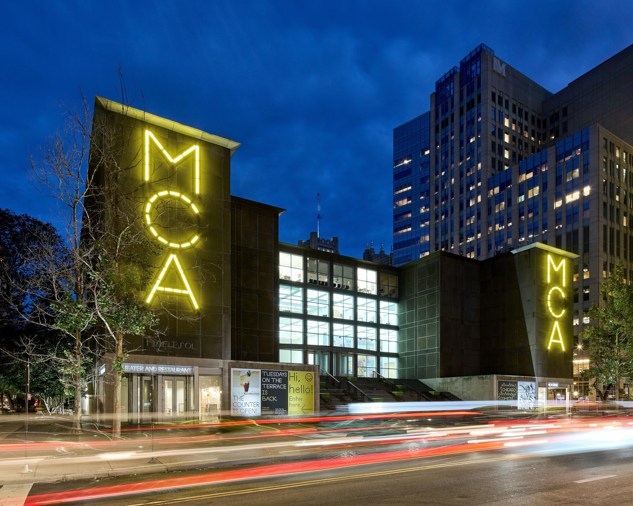 the exterior of the Museum of Contemporary Art Chicago at night