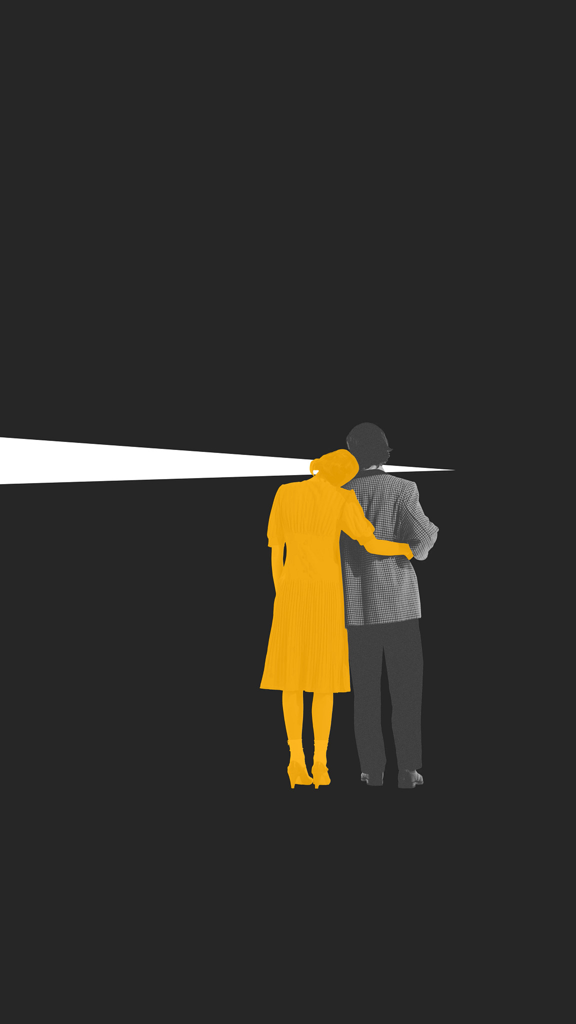 a graphic illustration shows two people embracing from a rear-side viewpoint in front of a black backdrop. The man is in black and white and the woman in yellow silhouette