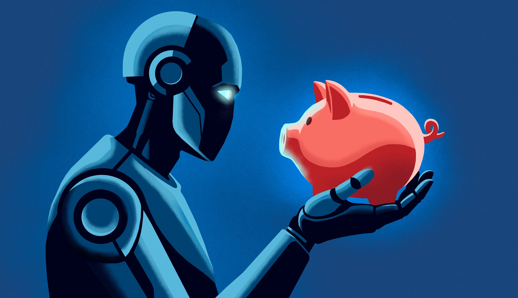 a robot holds and looks at a piggy bank