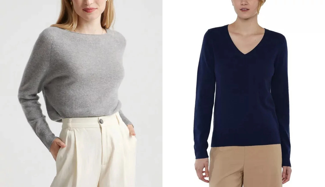 a collage with two different cashmere sweaters