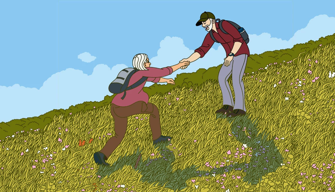 An illustration shows an older adult couple traversing a hill, the man lending a hand to help the woman