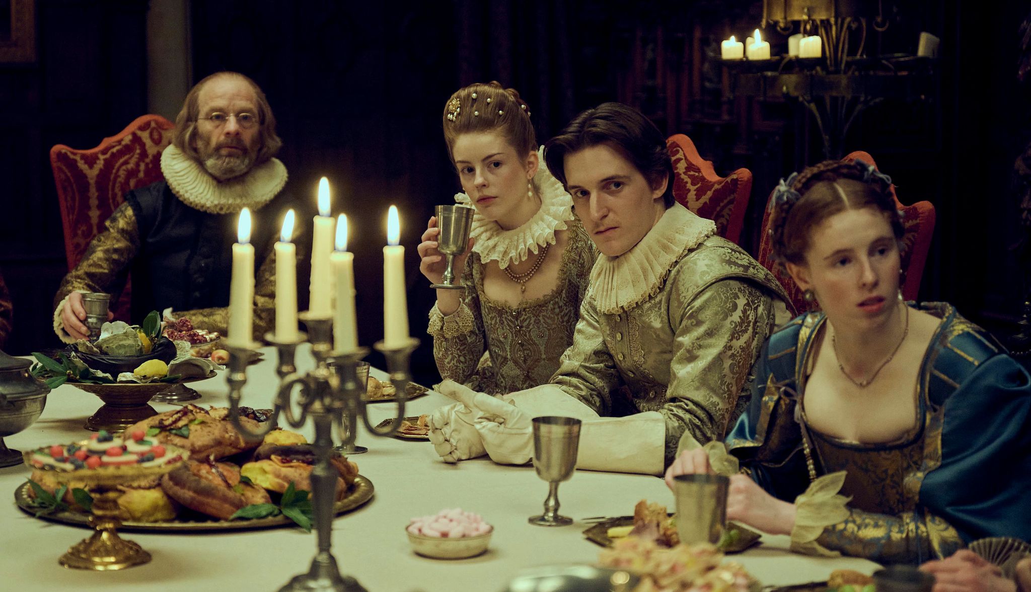 Adrian Rawlins, Amelia Gething and Tom Victor in "Mary & George" Adrian Rawlins, Amelia Gething and Tom Victor in a still from Mary & George
