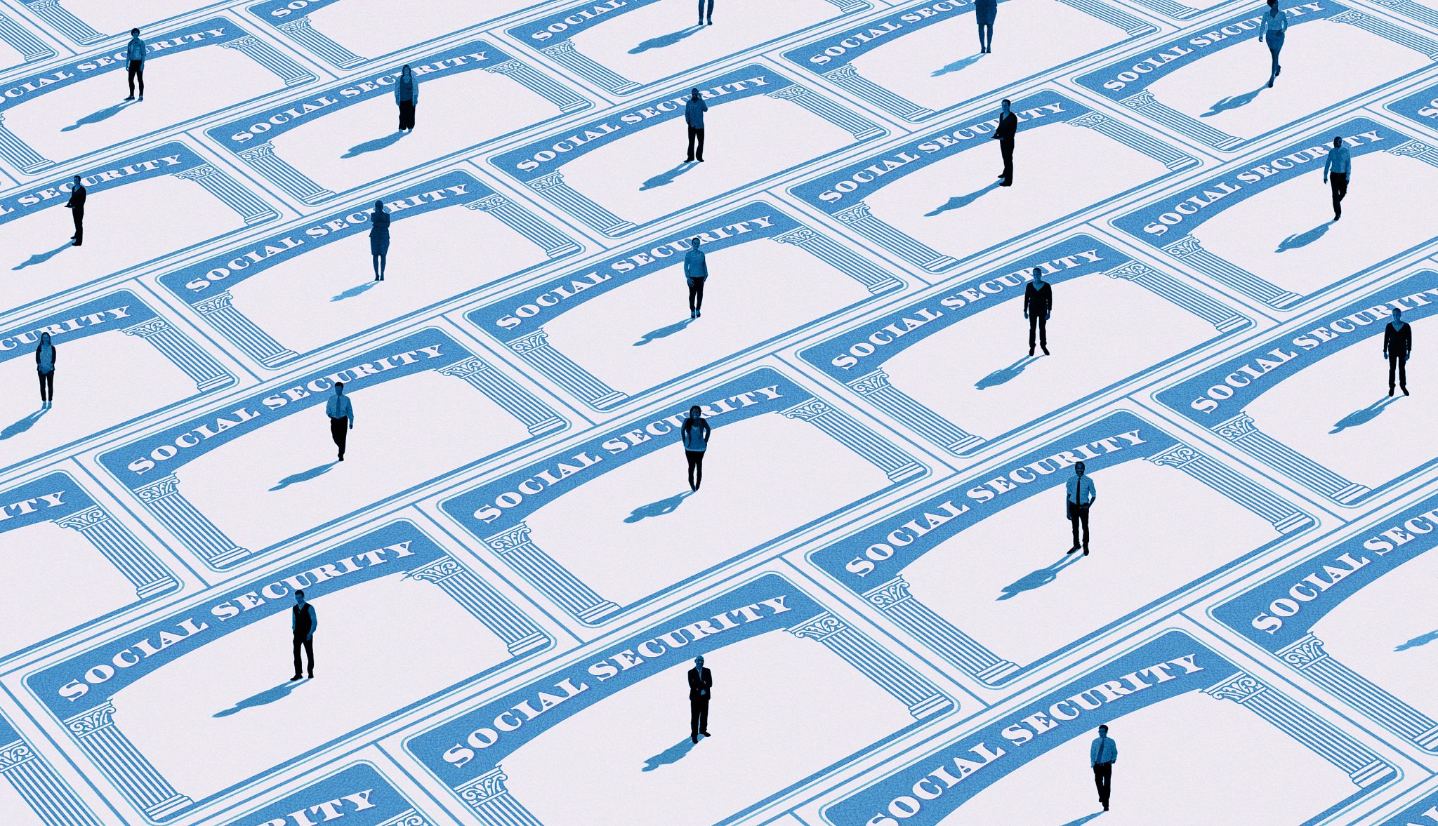 El número de 9 dígitos que cambió la identidad de Estados Unidos ilustración de muchas personas pequeñas encima de tarjetas de seguro social grandes