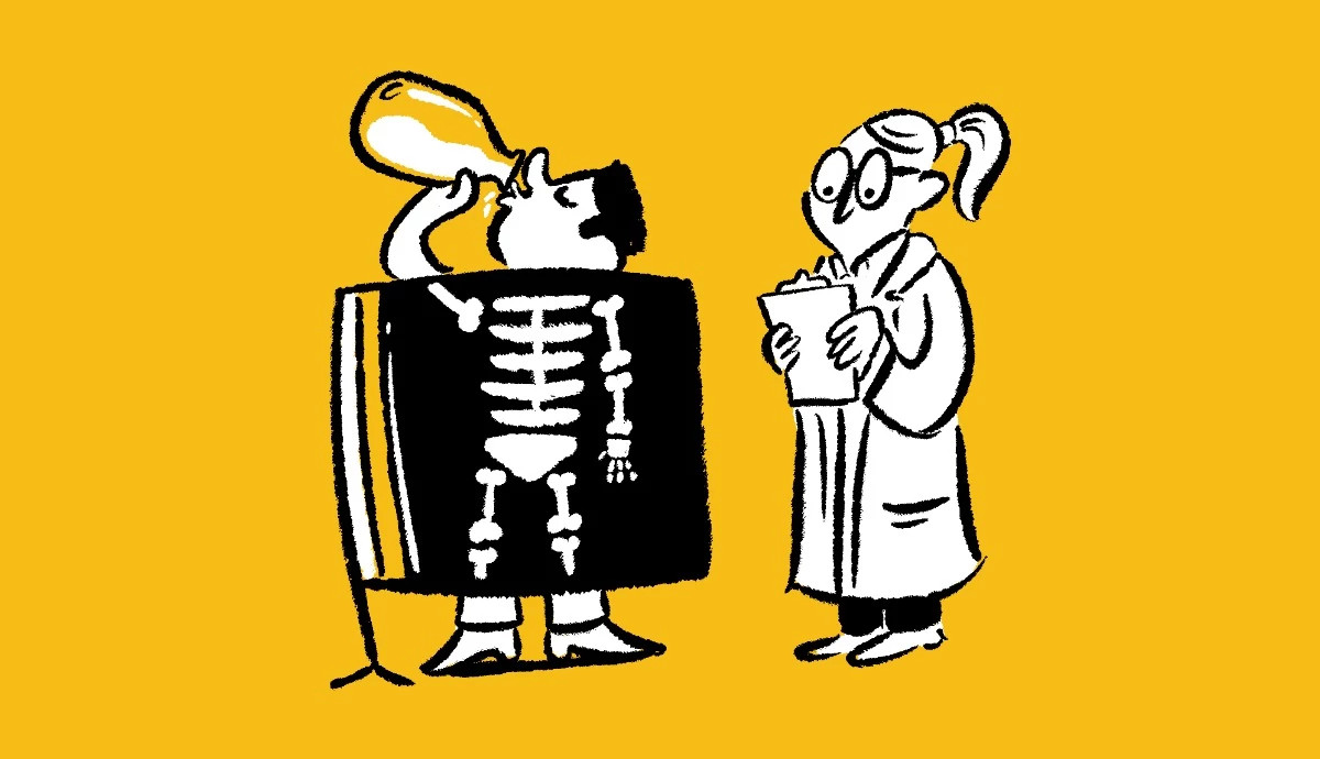 An illustration on a yellow background shows a man drinking from a large bottle of milk while standing behind an X-ray screen revealing his skeleton, as a doctor in a lab coat takes notes on a clipboard nearby.