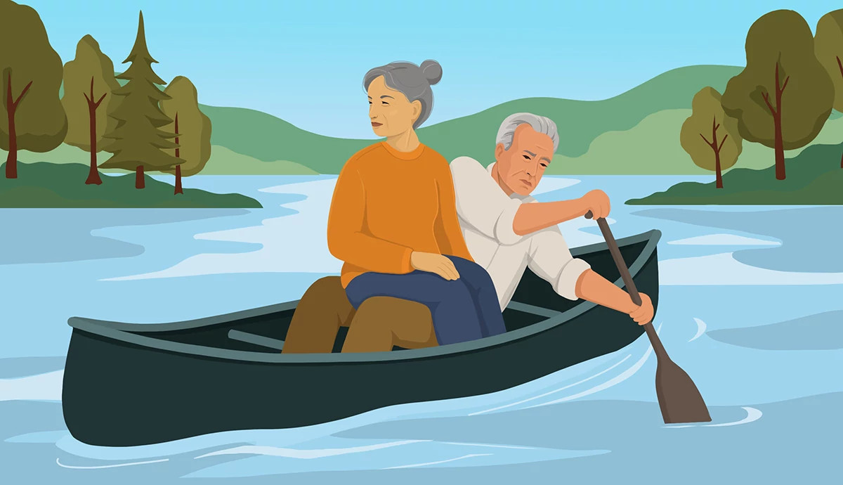 an illustration shows an older adult couple in a canoe. The man is paddling while the woman sits in his lap