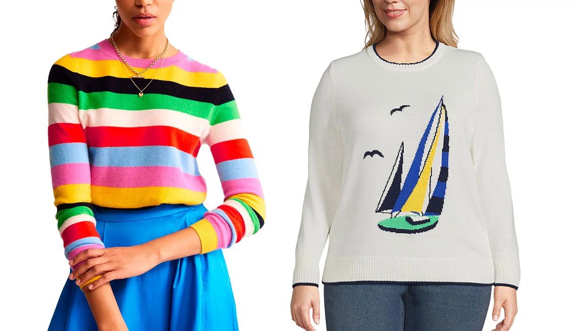 Eva Cashmere Crew Neck Sweater in Multi, Rainbow; Women’s Plus Size Cotton Drifter Crew Neck Sweater in Ivory Coastal Sailboat