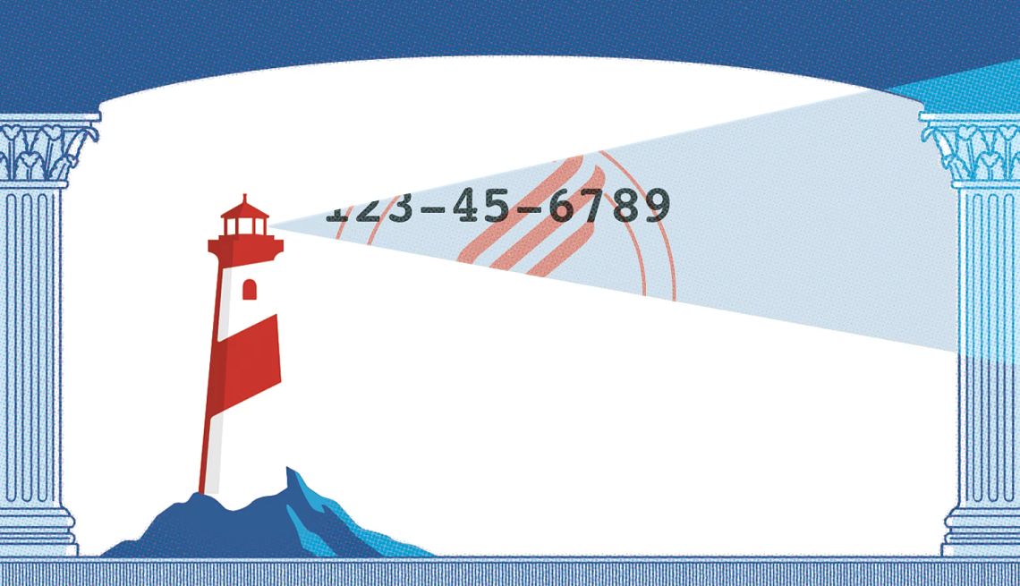 Ilustración de un faro dentro de un marco que parece una tarjeta de Seguro Social.