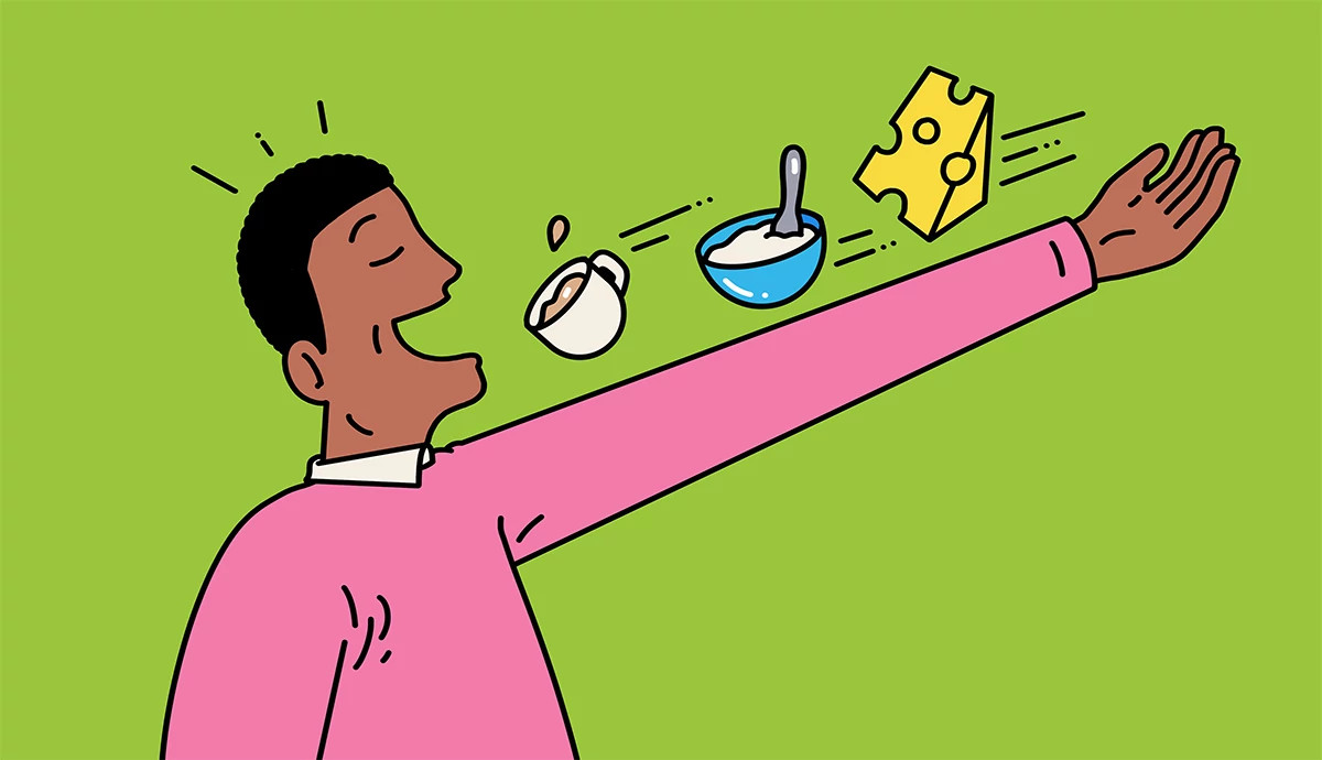 A person catching dairy items like coffee, yogurt, and cheese into their open mouth.