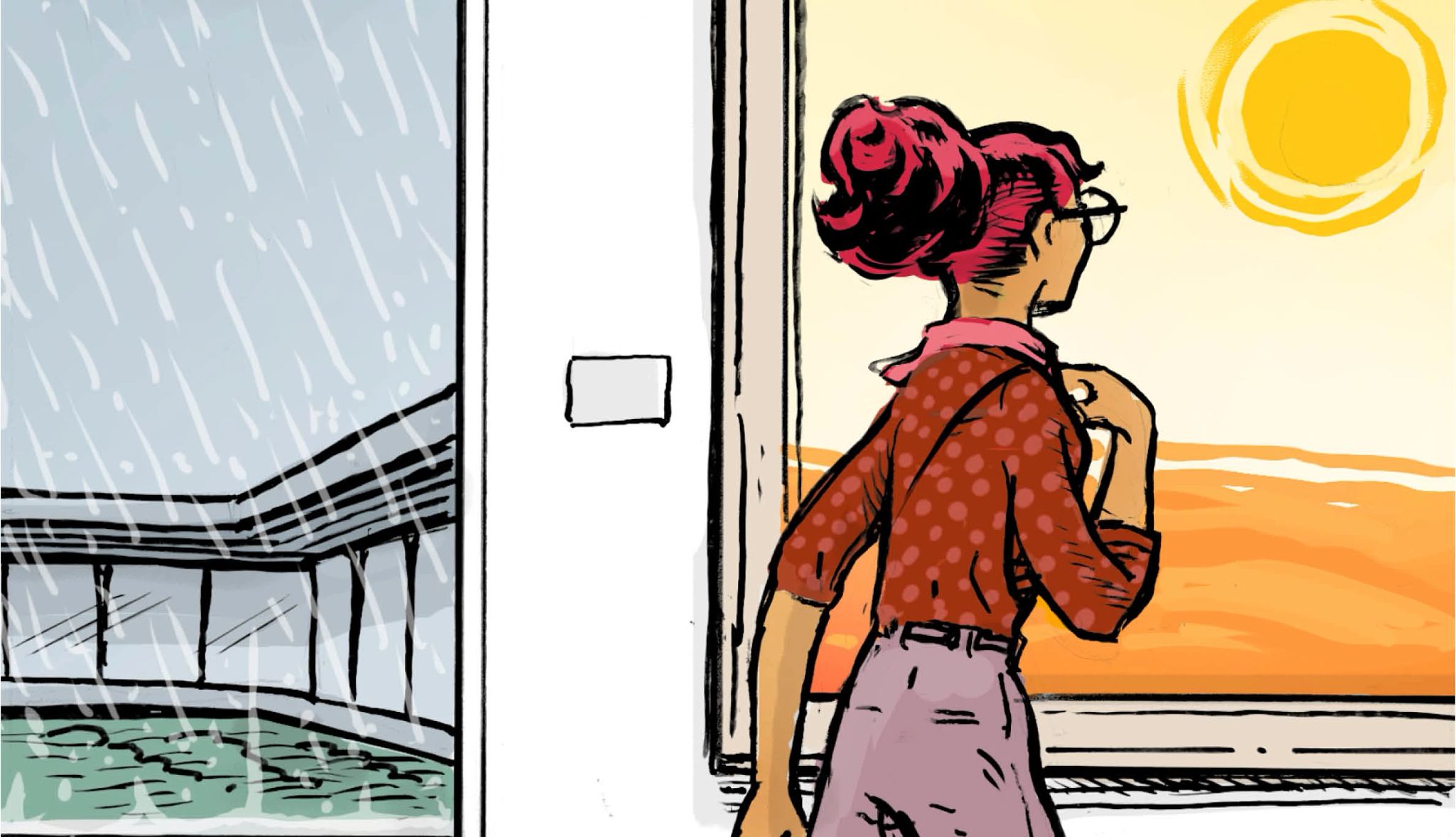 be prepared with alternative options if the weather is bad illustration of a rainly day on left; on right a woman standing in front of a window displaying sunshine