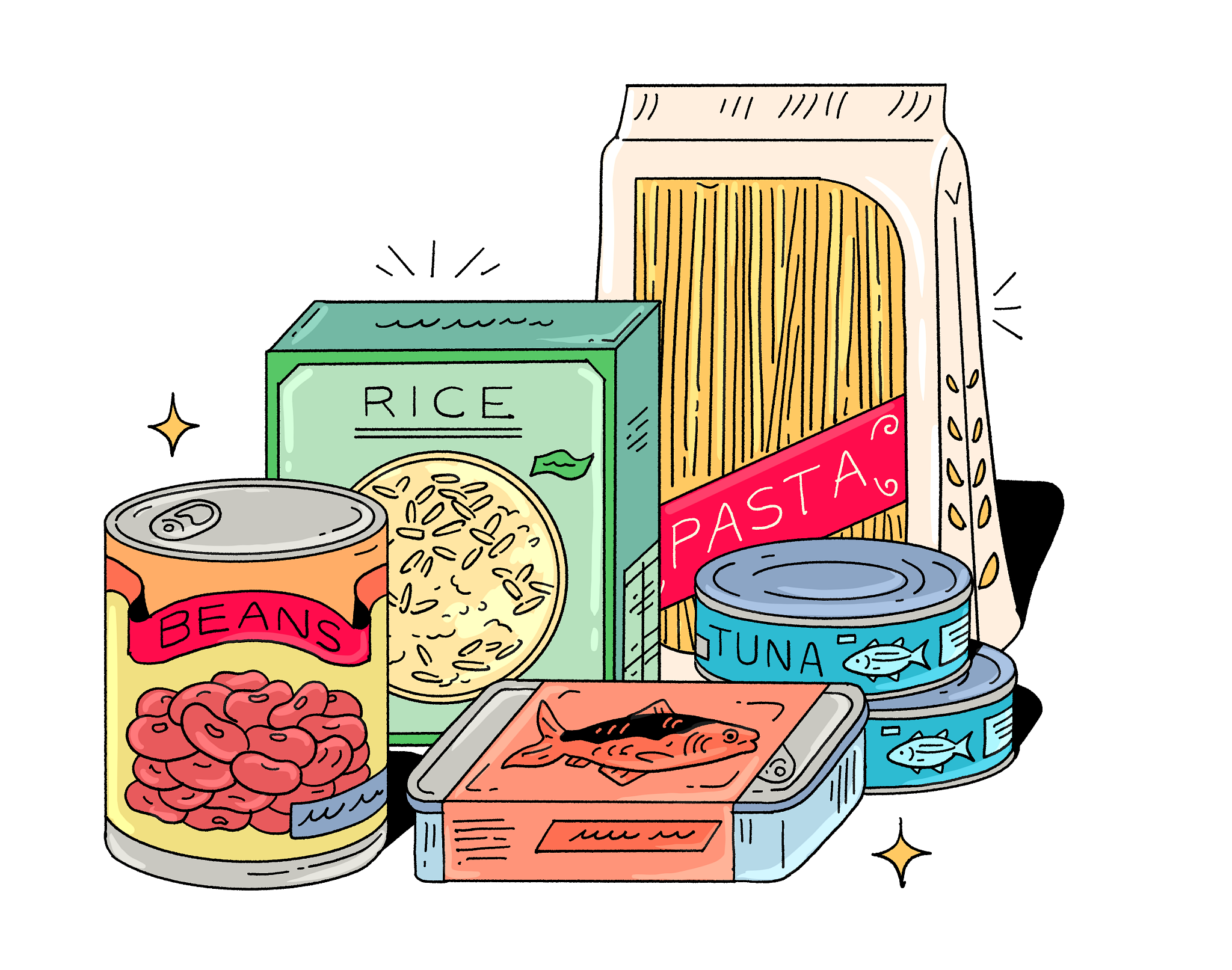 Pantry staples beans, pasta, rice and tinned fish