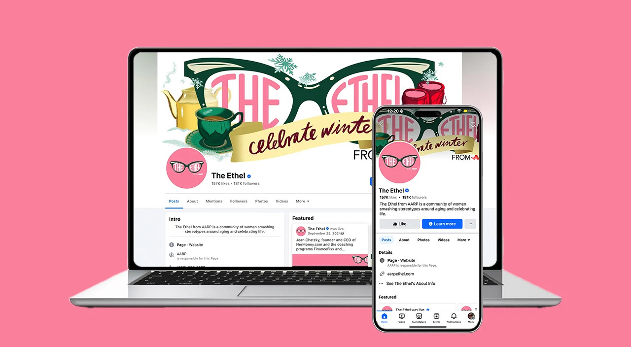 A laptop showing the Ethel Facebook page social media with a pink background