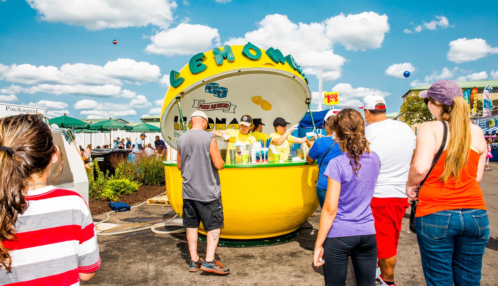 Personas en fila para comprar limonada en la Feria estatal de Nueva York