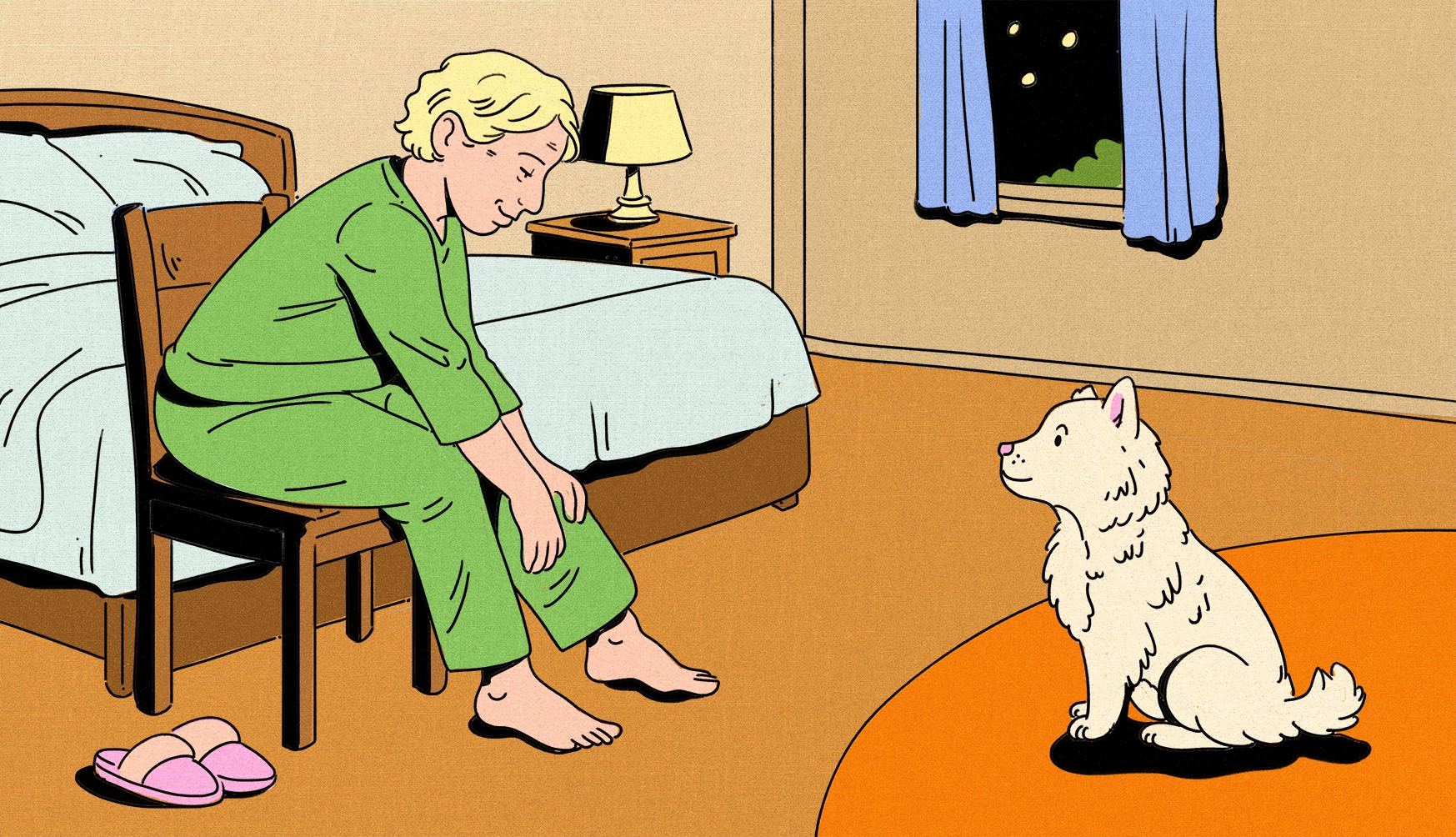 illustration of a woman with blonde hair sitting on a wooden chair in a bedroom, leaning forward to stretch her legs. A small white dog sits on an orange rug facing her, and a window in the background shows a dark night sky with stars.