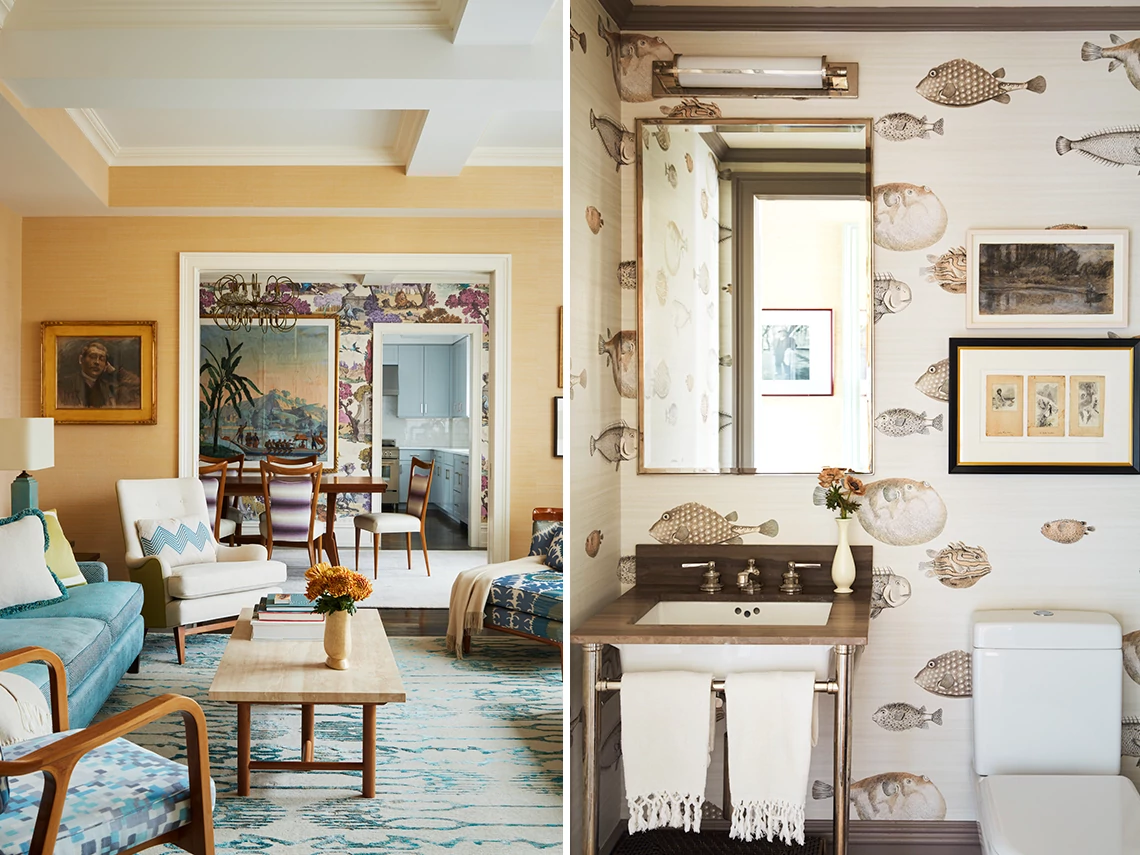 left: a living room with various patterned furniture; right: a bathroom with fish wallpaper