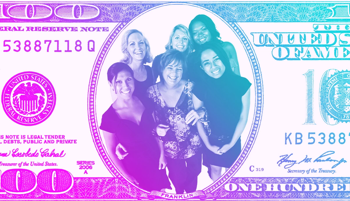 Stylized illustration of a group of adults smiling together inside a graphic resembling U.S. currency, highlighting themes of social connection, paid friendship, and companionship among older women
