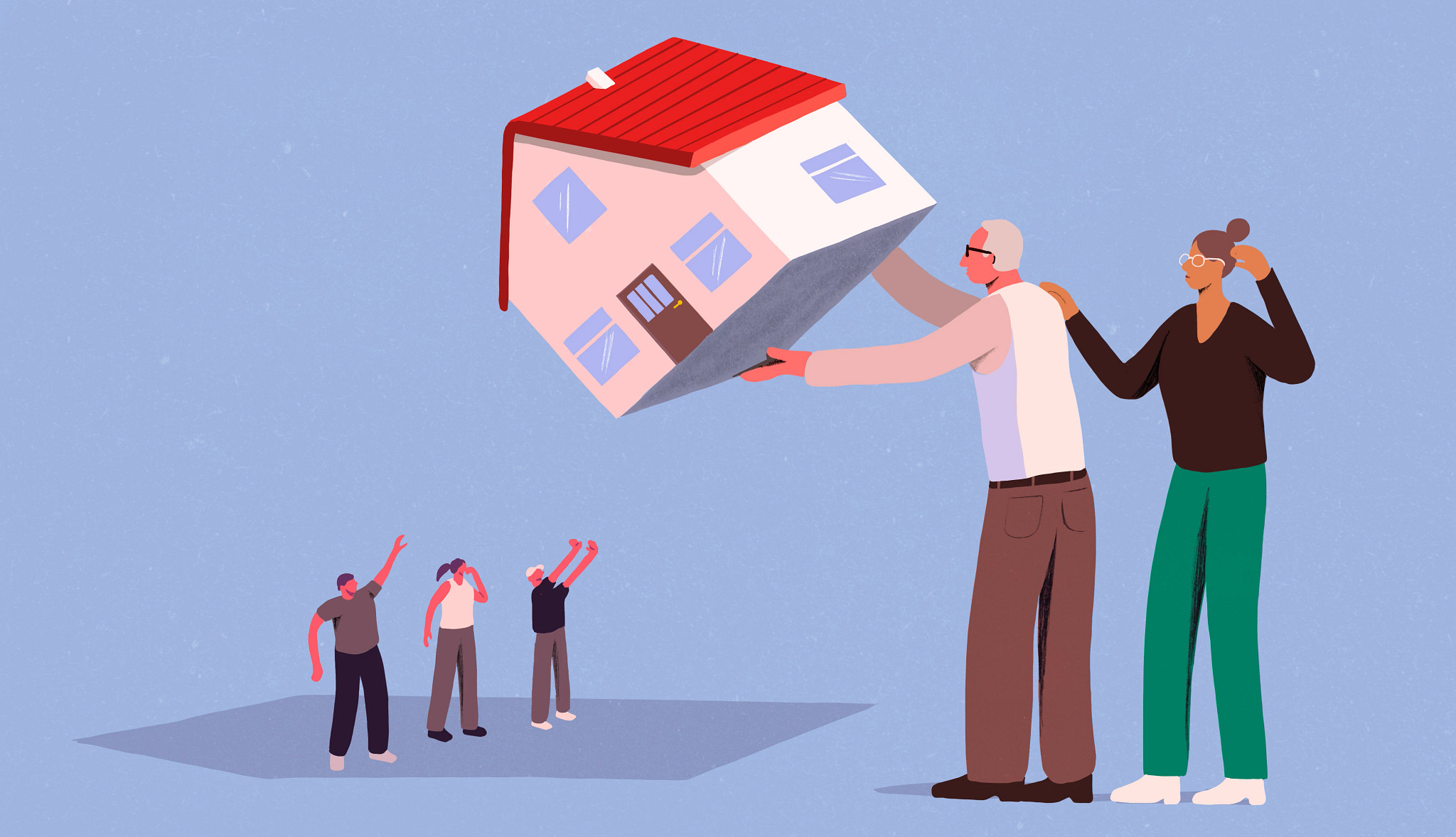 An older couple holds up a miniature house toward three cheering children below.
