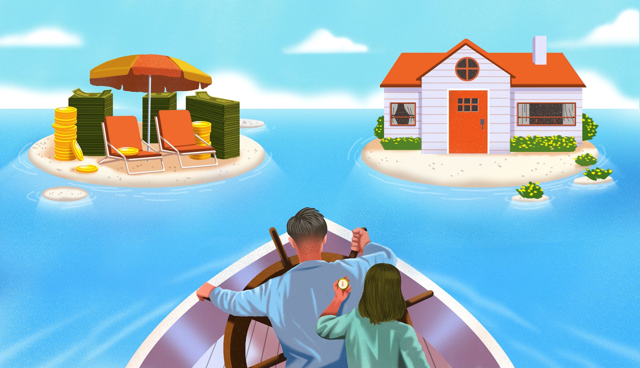 When Should I Pay off My Mortgage a couple steers a boat between two options: an island with beach chairs and money on the left, and a home on the right
