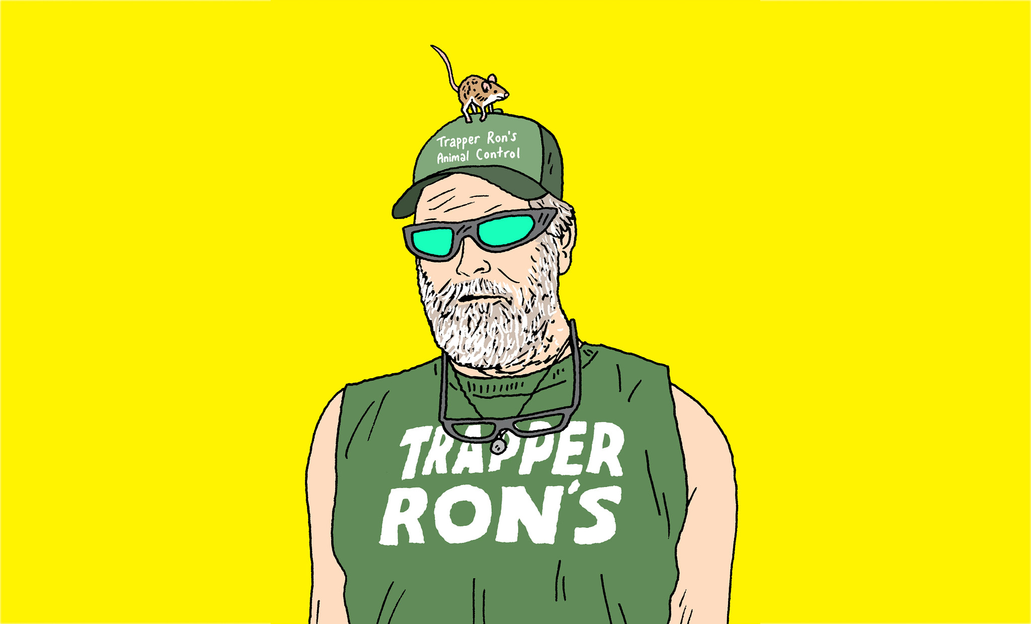 an illustration shows Trapper ron in a sleeveless t shirt and sunglasses. There is a rodent atop his baseball cap